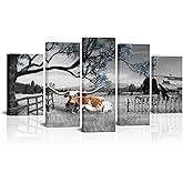 iKNOW FOTO Black and Blue 5 Panel Cow Countryside Canvas Art - Rustic Farm Picture with Barn Truck, Rural Landscape Wall Decor for Farmhouse, Bedroom, Living Room, Office