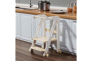 JPMKPD Kids Kitchen Step Stool, Foldable Toddler Tower, Height Adjustable Toddler Standing Tower with Safty Rail and Anti-Slip Device, Wooden Stool for 1.5-6 Years(White-Wood)