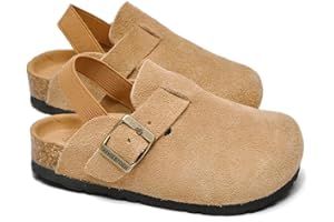 AFWIE Kids Genuine Leather Toddler Clogs，Clogs for Boys Girls Cork Footbed Arch Support Slip Resistant Mules Adjustable Buckle,Non-Slip Slippers,Sandals for Boys Girls