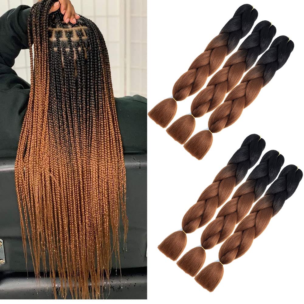 brown braiding hair 6 Packs jumbo braid artificial hair 24 Inch Yaki Texture Hot Water Setting Synthetic Hair for Braiding (Ombre brown) — image 1