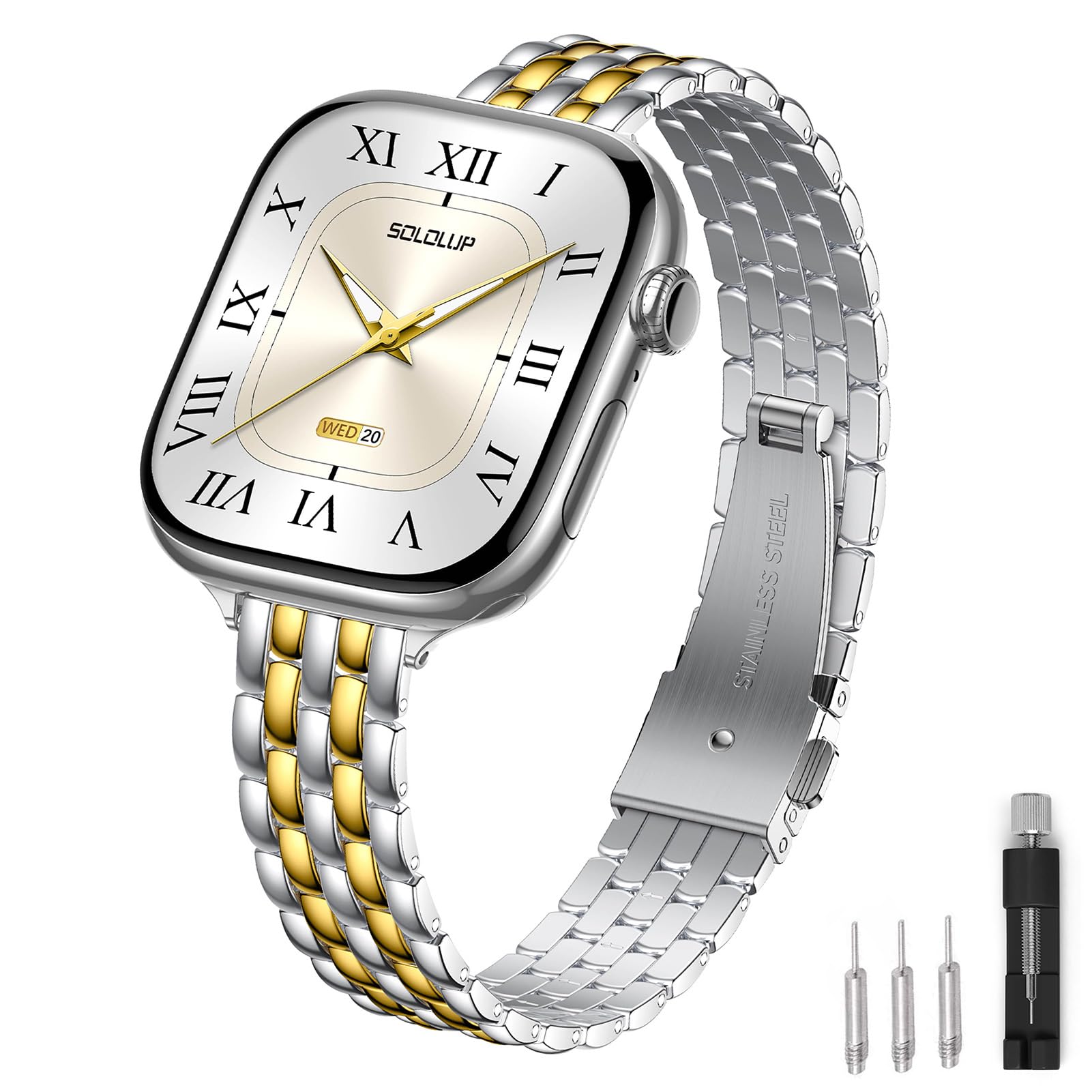 Photo 1 of ** missing tools**
SOLOLUP Slim Metal Band Compatible With Apple Watch Bands for Women Series 11 10 9 8 7 6 5 4 3 SE 3/2/1,Thin Dressy Stainless Steel Strap Elegant Band for iWatch Bands 38mm 40mm 41mm 42mm,Silver-Gold