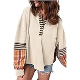 Maketina Womens Stripe Plaid Patchwork Waffle Knit Tops Casual Henley Neck Colorblock Long Sleeve Shirts