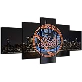 New York Photography Poster With Neon effect Mets Sign (5-Panel Framed Canvas Printing Full Size: 60x100cm) Home Decor Man Cave Wall Art