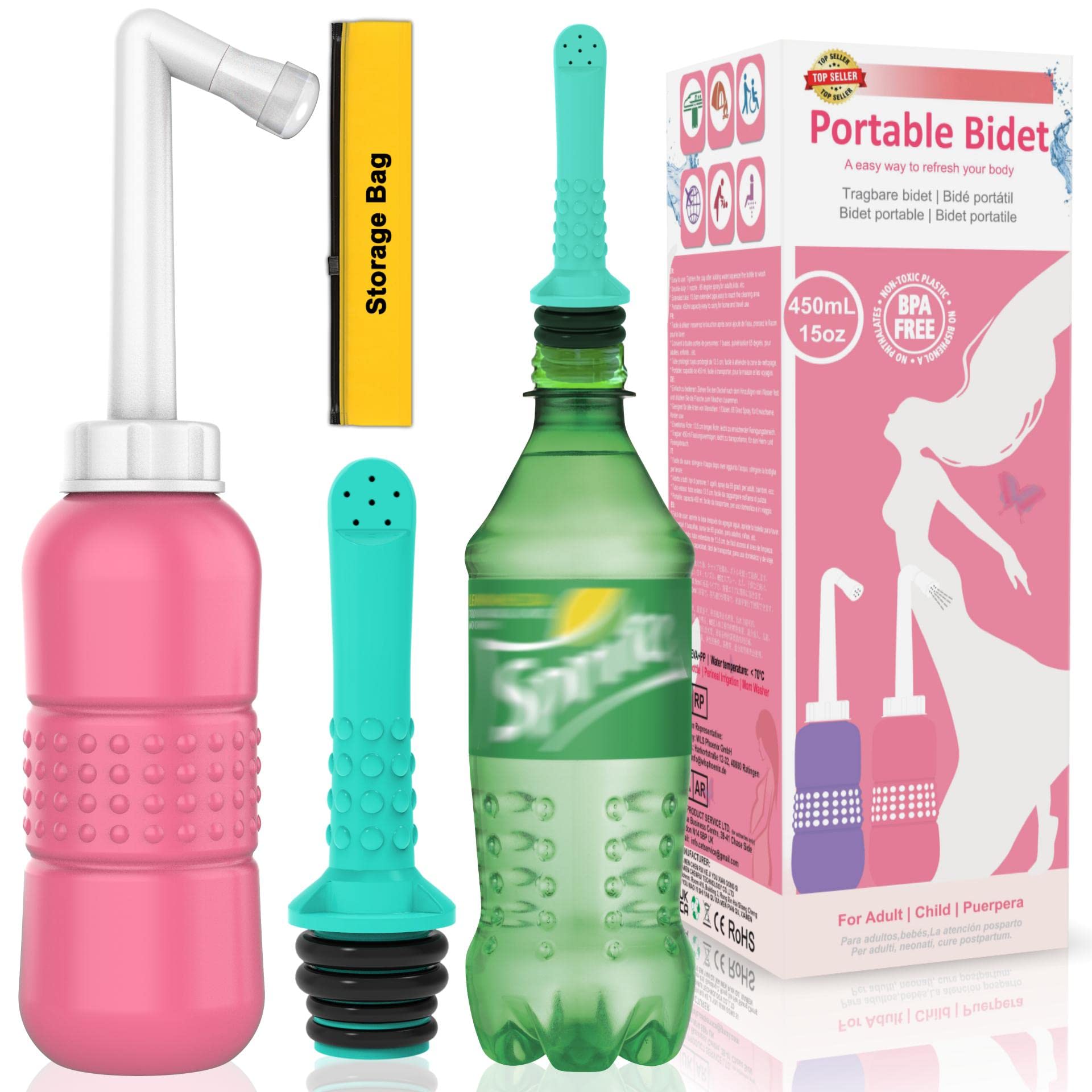 2PCS-Pack Portable Bidet Travel Bidets + Green Backpacking Bidet Camping Bidet Squirt Bottle for Hygiene Bathroom, with Waterproof Cap + Storage Bag,Perineal Bottle for Postpartum Care