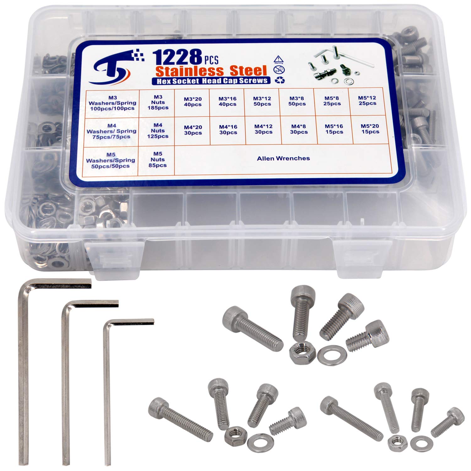 1228 Pcs Bolts And Nuts Kit Case 304 Stainless Steel Lock Washers Nut Bolt Assorted Metric