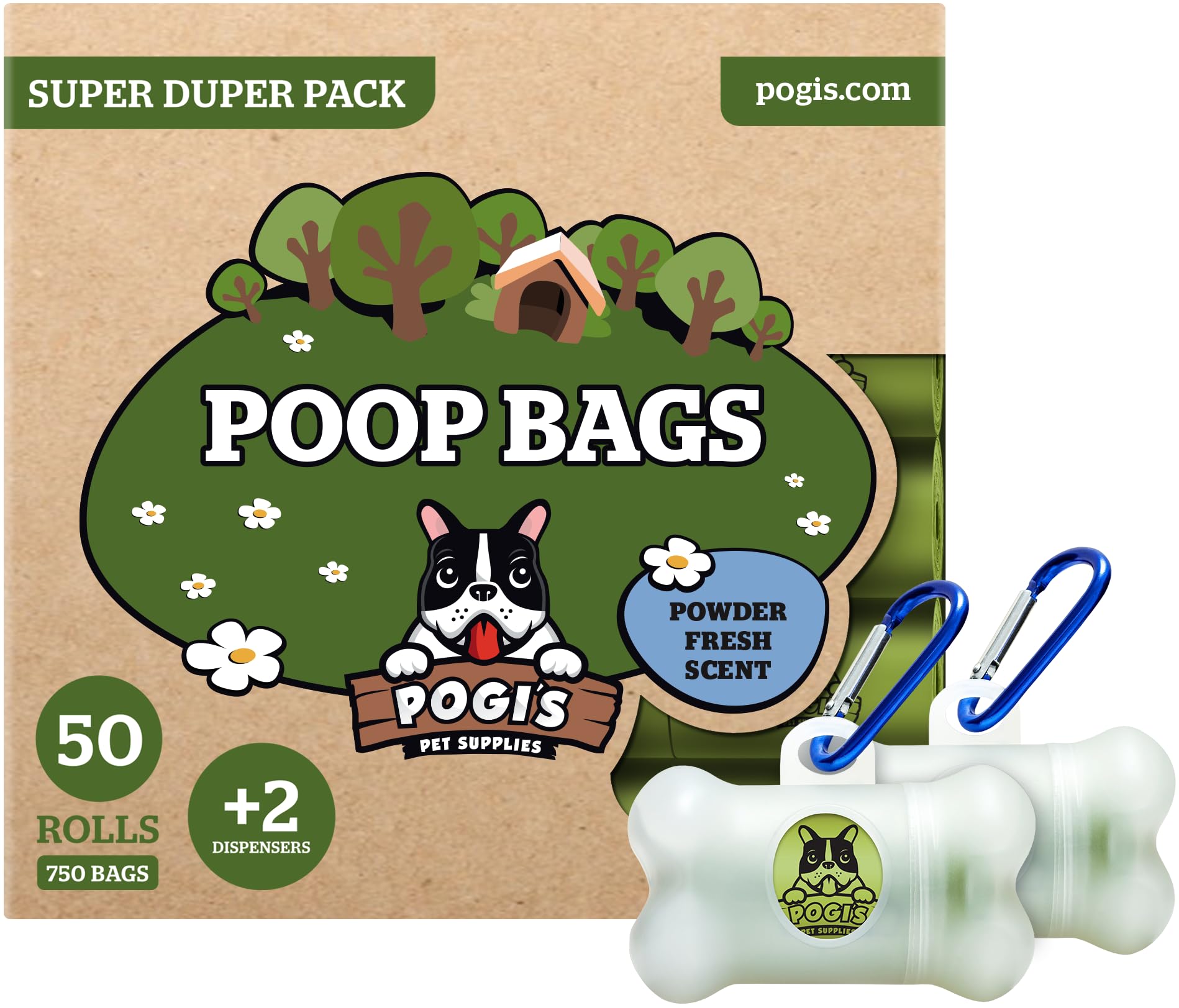 Pogi’s Dog Poo Bags – 750 Bags (50 Rolls) with 2 Dispensers – Biodegradable, Leak-Proof, Extra Strong