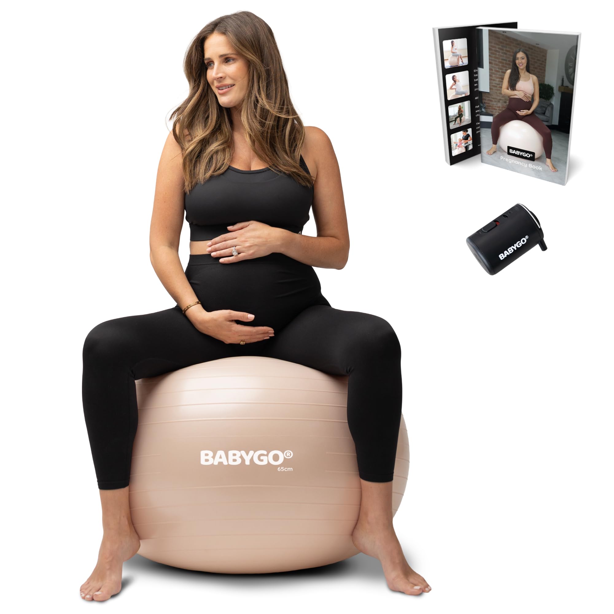 BABYGO® Birthing Ball For Pregnancy Maternity Labour & Yoga + Our 100 Page Pregnancy Book, Exercise, Birth & Recovery Plan, Anti-Burst Eco Friendly Material (Nude, 65cm - Electric)