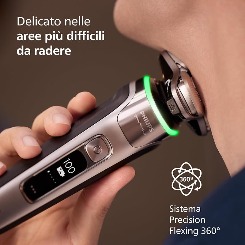 Shaver i9000 Prestige, rasoio elettrico Wet & Dry, con tecnologia Skin IQ, triplo sistema di sollevamento e taglio, doppie lame rotanti in acciaio di precisione a 360°, modello XP9205/30
