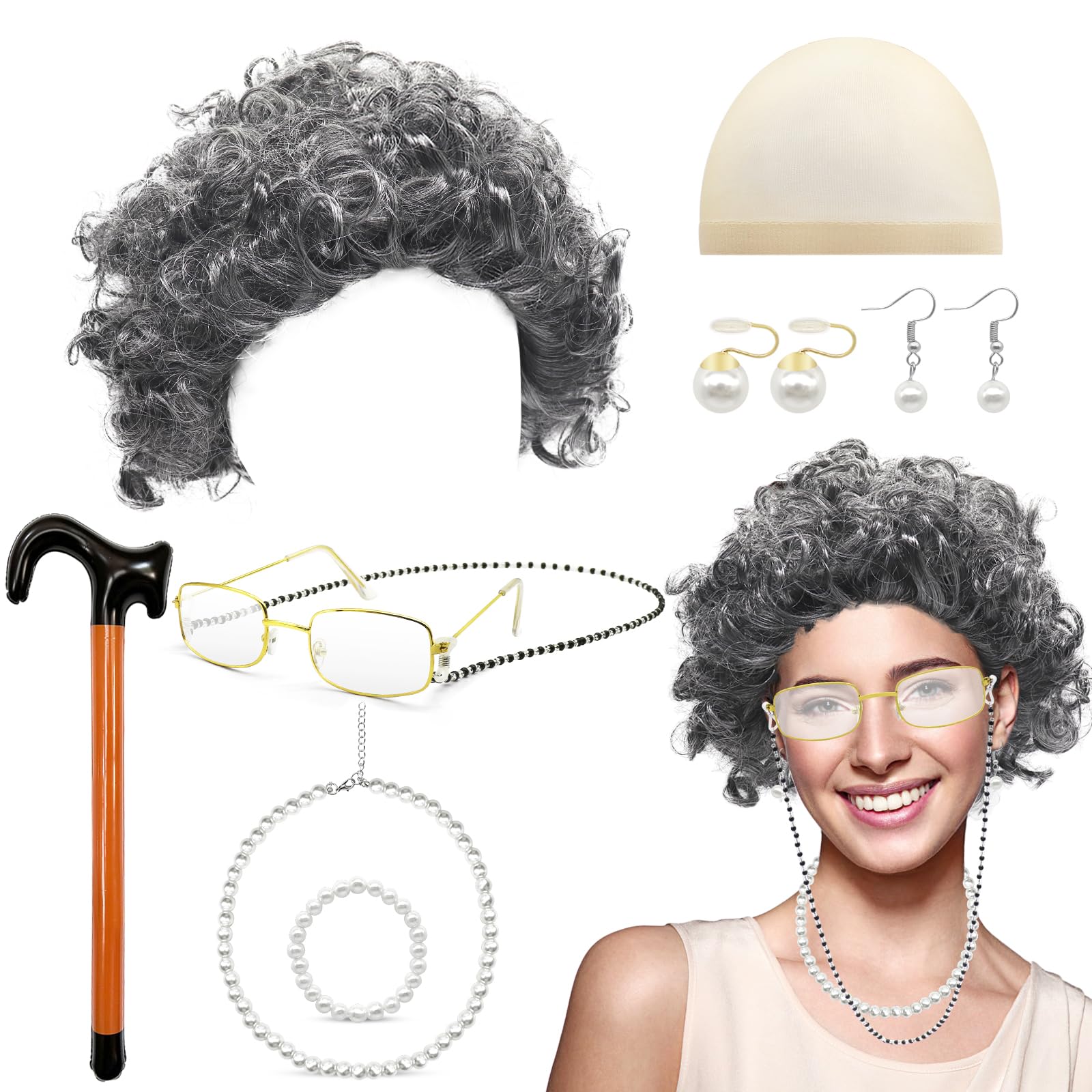 8pcs Old Lady Costume Set, Granny Wig Set Including Glasses Necklace Inflatable Walking Stick Earring Bracelet, Grandmother Fancy Dress for Christmas Halloween Cosplay