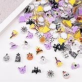 100Pcs Halloween Nail Art Charms Multi Shapes Colors 3D Pumpkin Torch Broom Nail Charms Cute Cartoon Bandage Web Ghost Tombstone Hat Nail Art Rhinestones Mini Flatback Nail Supplies for DIY Nails Art