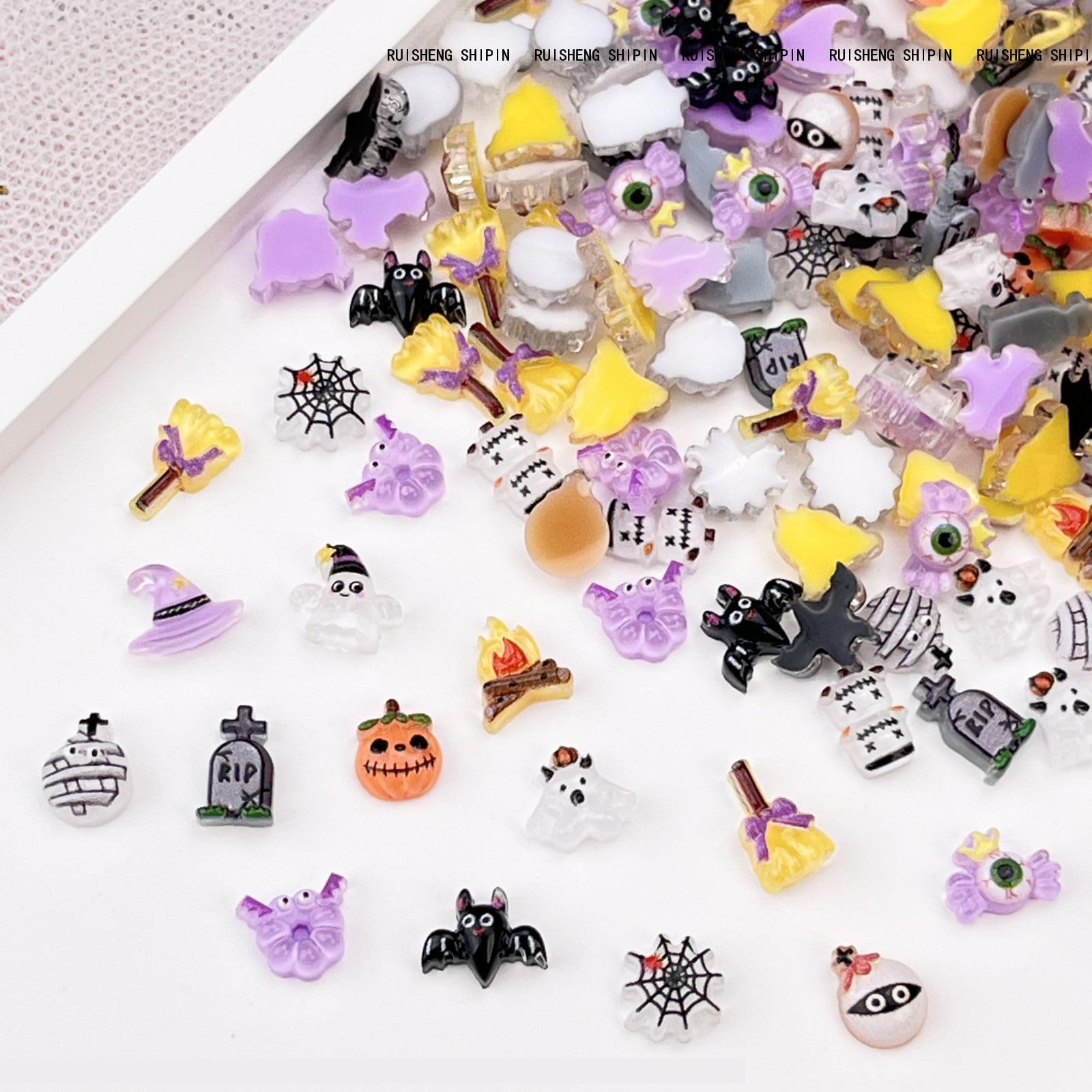 Photo 1 of 100Pcs Halloween Nail Art Charms Multi Shapes Colors 3D Pumpkin Torch Broom Nail Charms Cute Cartoon Bandage Web Ghost Tombstone Hat Nail Art Rhinestones Mini Flatback Nail Supplies for DIY Nails Art