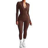 SUUKSESS Women Long Sleeve Ribbed Jumpsuit Zip up Front Workout Bodycon Romper