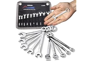 ironcube Mini Wrench Set, Midget Combination Wrench Set, 10-Piece, SAE, 5/32" - 7/16", Lightweight, with Rolling Pouch for Motorcycle Repair Nut in Compact Areas