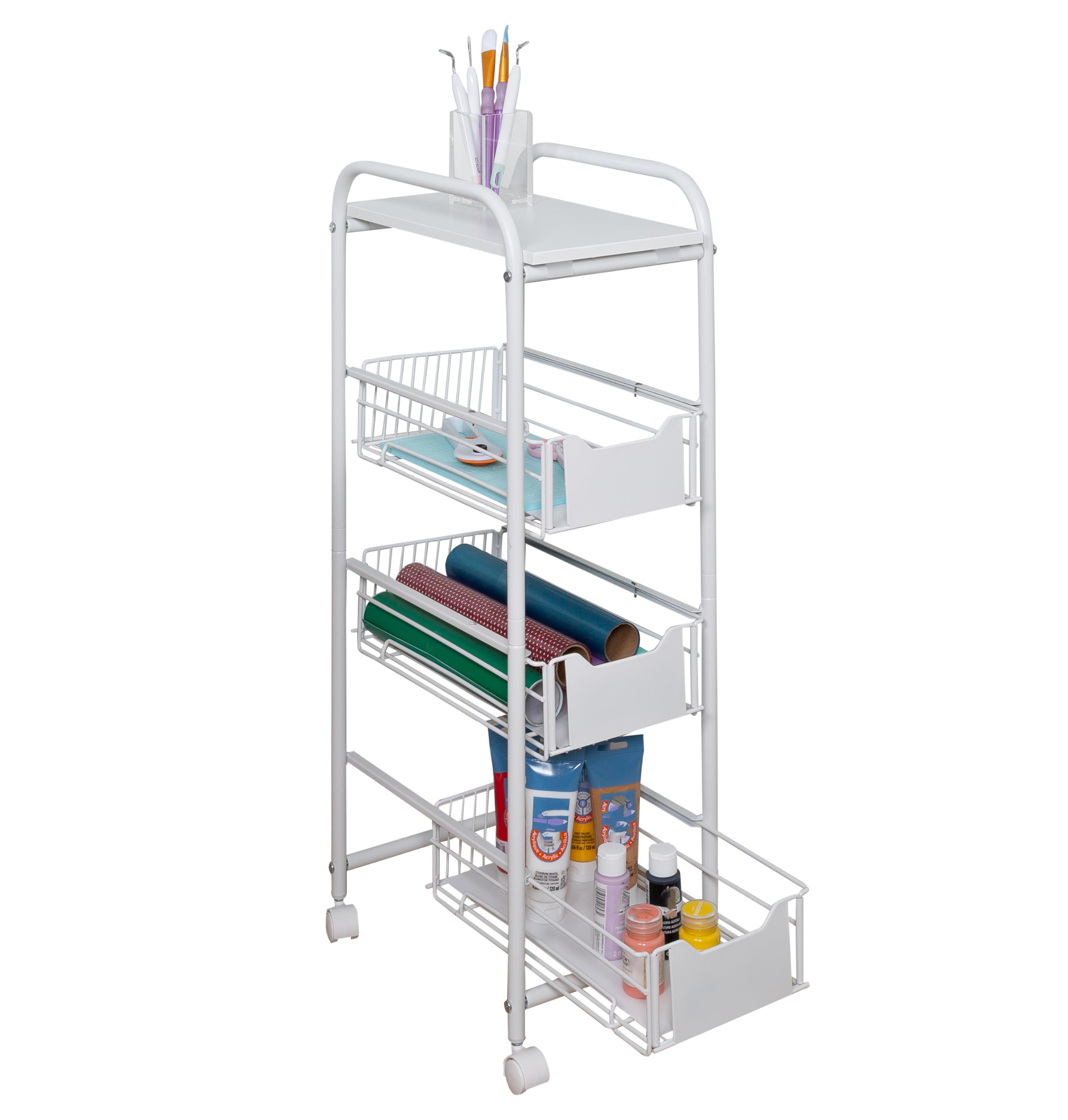 Photo 1 of 4-Tier Slim Rolling Metal Utility Cart with Drawers, White