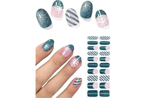 AutyaMee Semi Cured Gel Nail Strips (Green Cat Eye), Christmas Snowflake, Bow, 20 Pcs Gel Nail Wraps, Stickers, Long Lasting, Works with Any UV Lamps