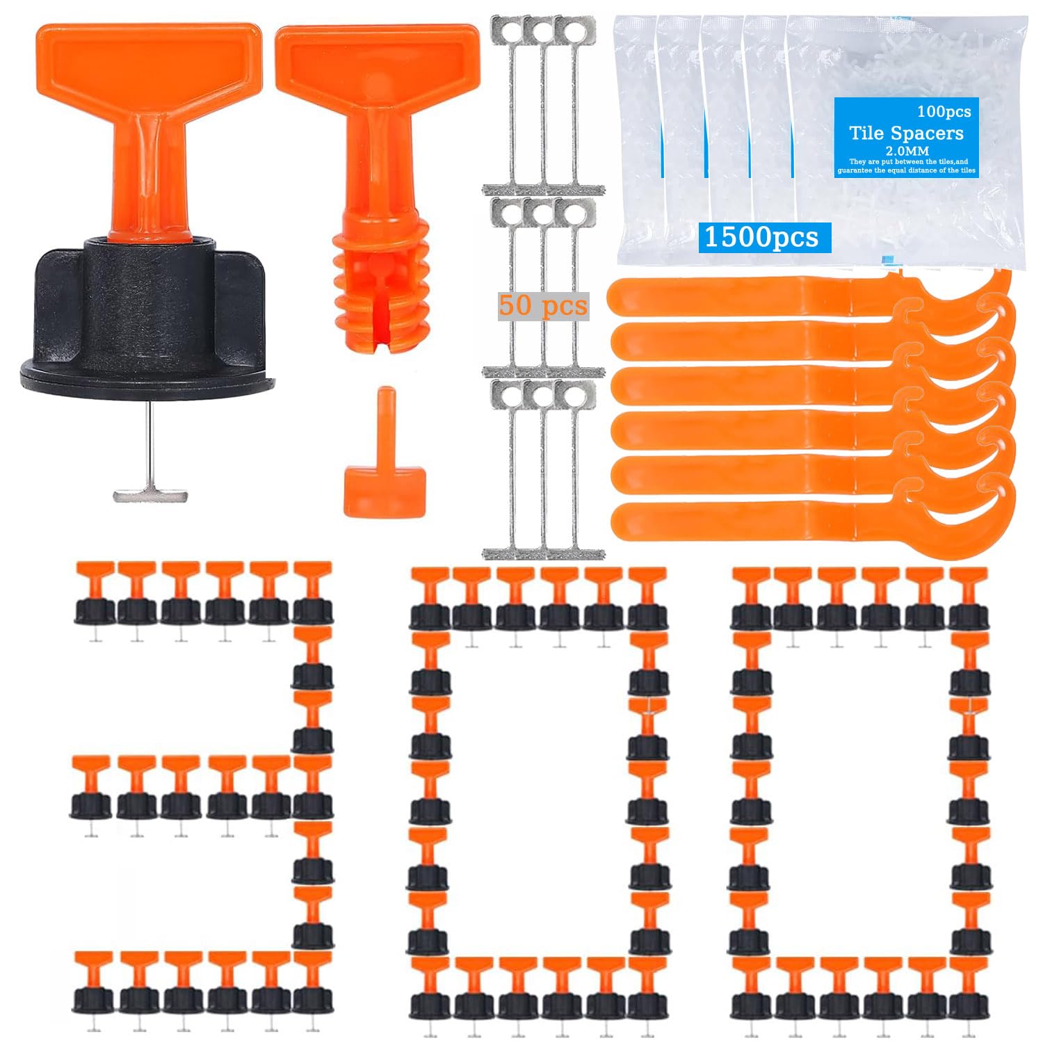 Photo 1 of Tile Leveling System Kit,300pcs Reusable 1/16" Tile Leveler Spacers+1500pcs Cross-shaped Tile Spacers+6pcs Wrench+1pack 1/16" Replaceable Spare Steel T-Pin,Tools for Wall Floor Tile Adjustment