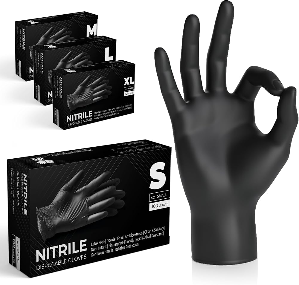 The Real Touch Black Nitrile Gloves Small Box of 100 Powder Free