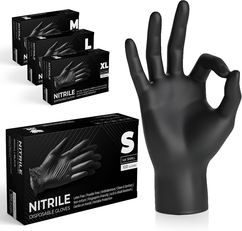 The Real Touch Black Nitrile Gloves Small Box of 100 Powder Free