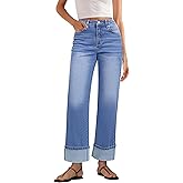 GRAPENT Wide Leg Jeans for Women Trendy High Waisted Cuffed Hem Stretchy Denim Trousers Pants Work Casual Jeans