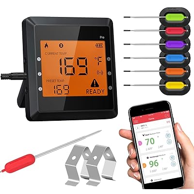 Lihal&auml;mp&ouml;mittari Grillaamiseen, Bluetooth Lihal&auml;mp&ouml;mittari Ruoanlaittoon 6 Probes 2 Metal Rack ja Super Suuri LCD-n&auml;ytt&ouml; Langaton Keitto L&auml;mp&ouml;mittari Grillaus Uuni BBQ Smoker Candy Keitti&ouml;