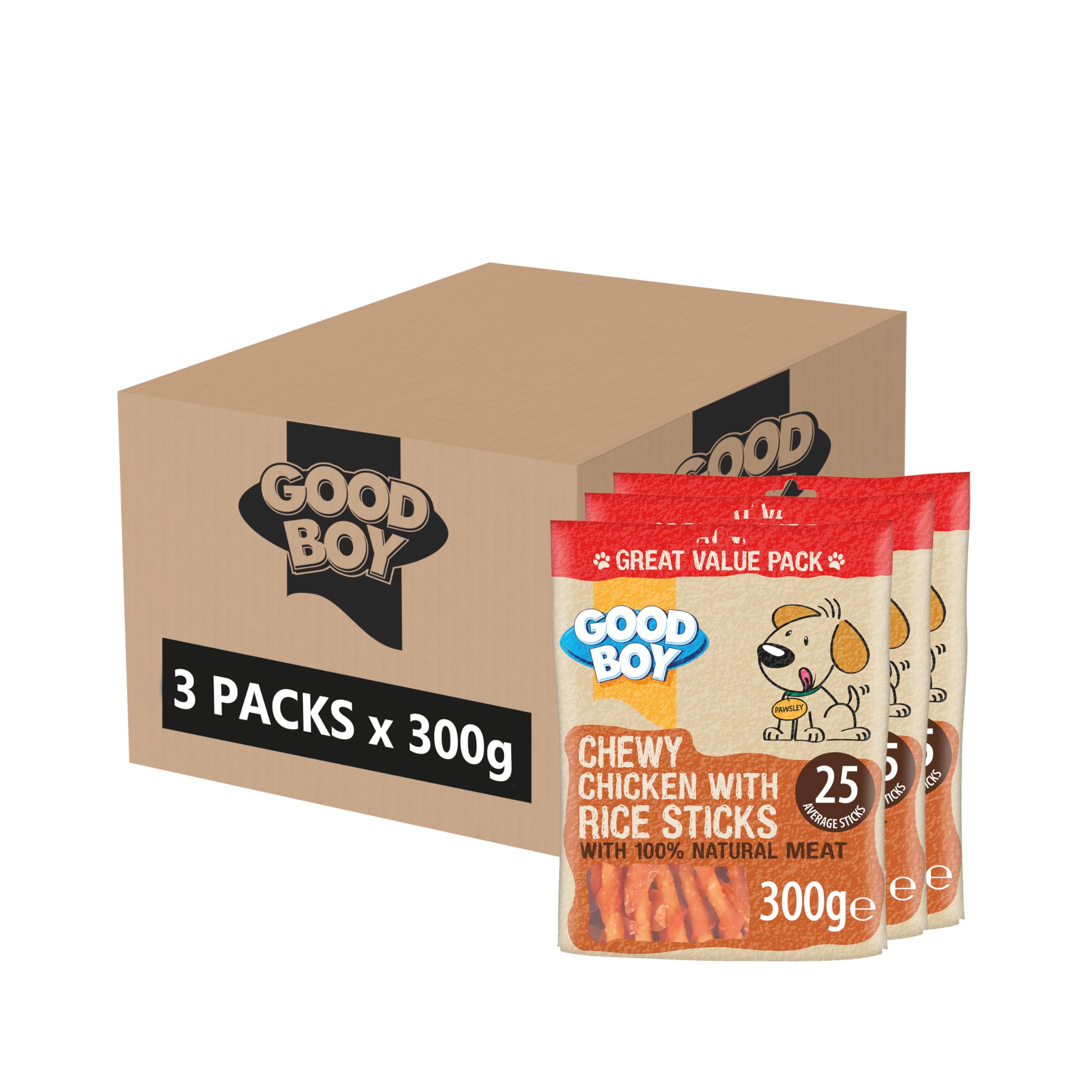 Good Boy Chicken & Rice Sticks - Low Fat Natural Dog Treats - Rawhide Free Recipe - Bulk Box - 3 x 300g