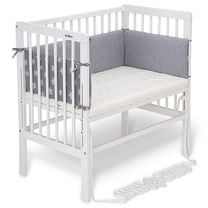 FabiMax Beistellbett BOXSPRING weiß, inkl. Matratze CLASSIC und Nestchen Sterne groß, grau