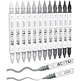 Guangna 12 Grey Dual Tip Acrylic Paint Markers, Brush Tip &amp; Chisel Tip Acrylic Paint Pens for Rock, Wood, Glass, Paper, Coloring Book, Ceramic, Canvas, Water-Based Ink