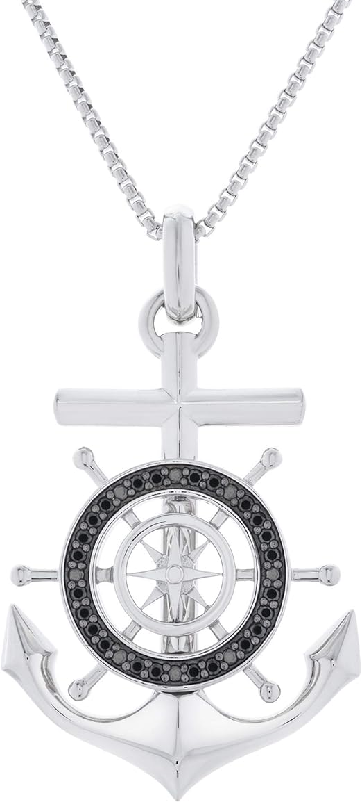Sterling Silver 1/4 cttw Black diamond Mens Anchor, Pendant Necklace 22