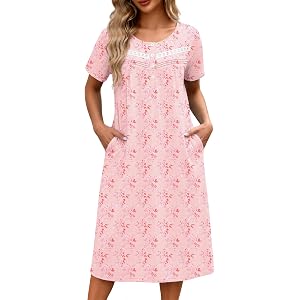 Ekouaer Nightgowns for Women with Pockets Short Sleeve Henley Sleepshirts | Womens Nightgown Short Sleeve Night Gowns Lace Ho