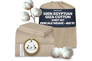 Sweave 100% Egyptian Cotton Percale Sheets Queen Size - Genuine Luxurious 400 Thread Count - Naturally Crisp, Breathable, Skin-Friendly & Cooling - Softer After Each Wash - Oeko-TEX Certified Giza