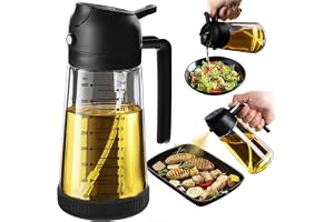 TrendPlain Pulverizador de azeite de oliva de vidro de 470 ml para cozinhar – Frasco dispensador de azeite 2 em 1 para utensílios de cozinha e acessórios de fritadeira de ar, salada, churrasco - preto