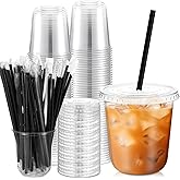 Ziliny 50 Set 12 oz Clear Plastic Cups with Lids and Straws, PET Disposable Iced Coffee Cups for Drinking Cold Beverage Juice Parfait Smoothie Milkshake Coffee Shops Party Supplies(Clear)