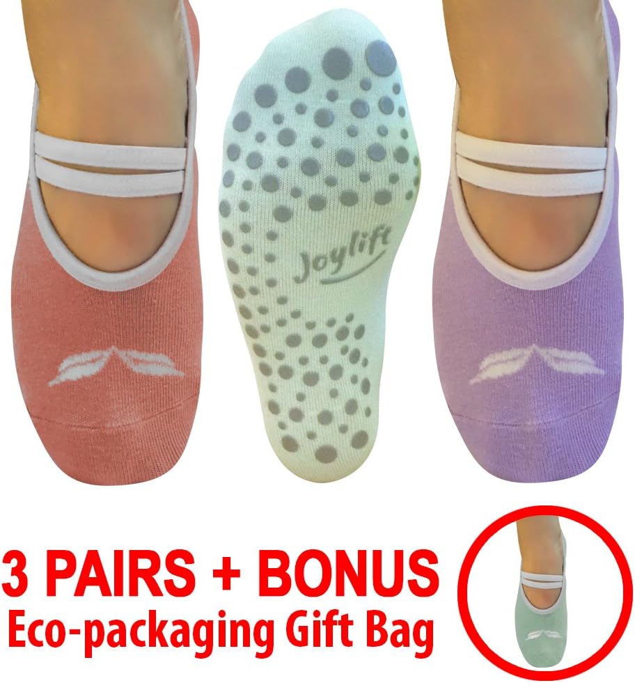 Barre, Pilates, Yoga, Exercise, Grip Socks. Non-Slip Bottoms. Cute Non-Skid Slipper Socks. 3 Pairs + Bonus Gift Price