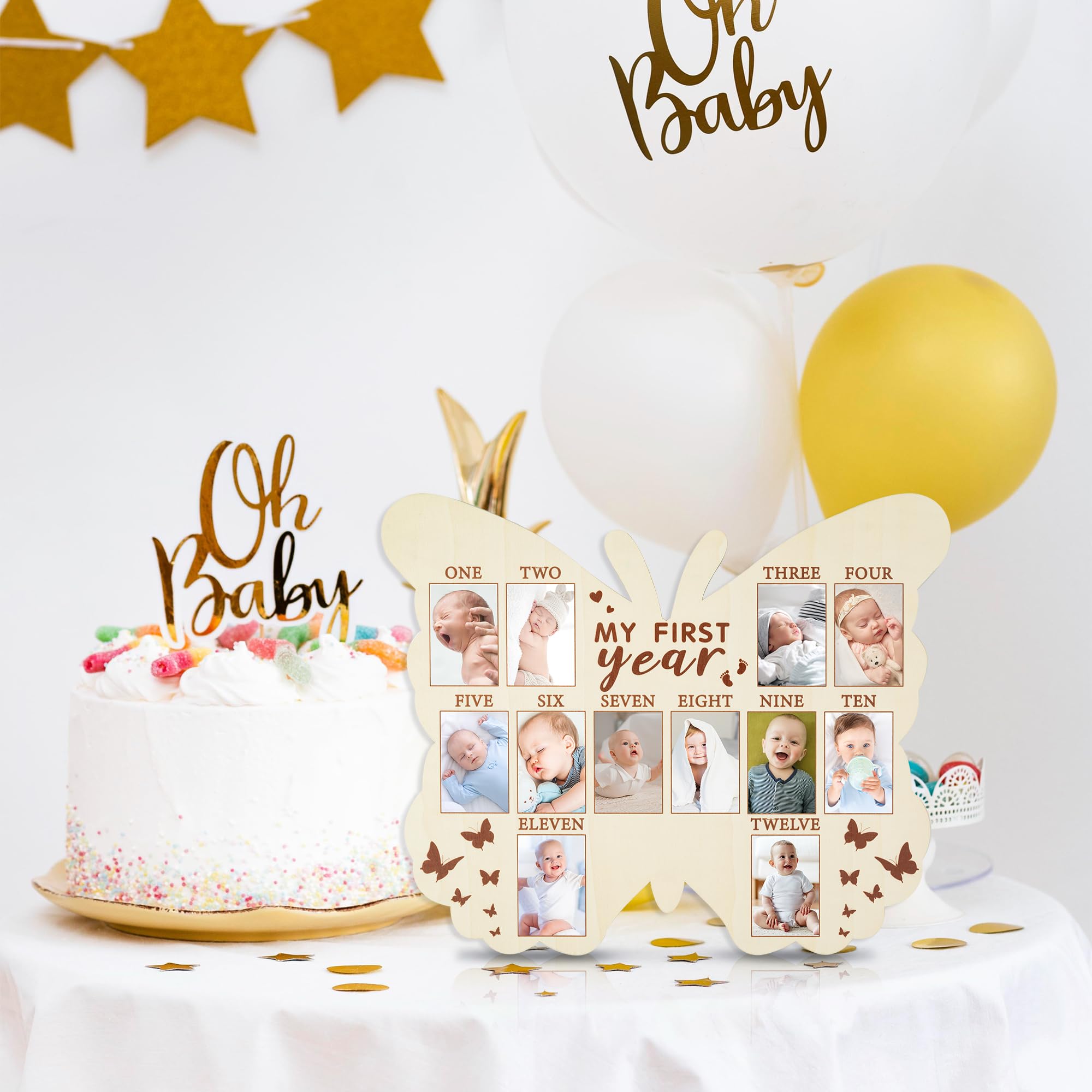 R HORSE My First Year Photo Display Wood Board, Butterfly Shape 1st Birthday Photo Frame, Baby’s First Year Picture Frame, 12 Months Milestone Board Baby Keepsake Board Nursery Decor Gift for Boy Girl