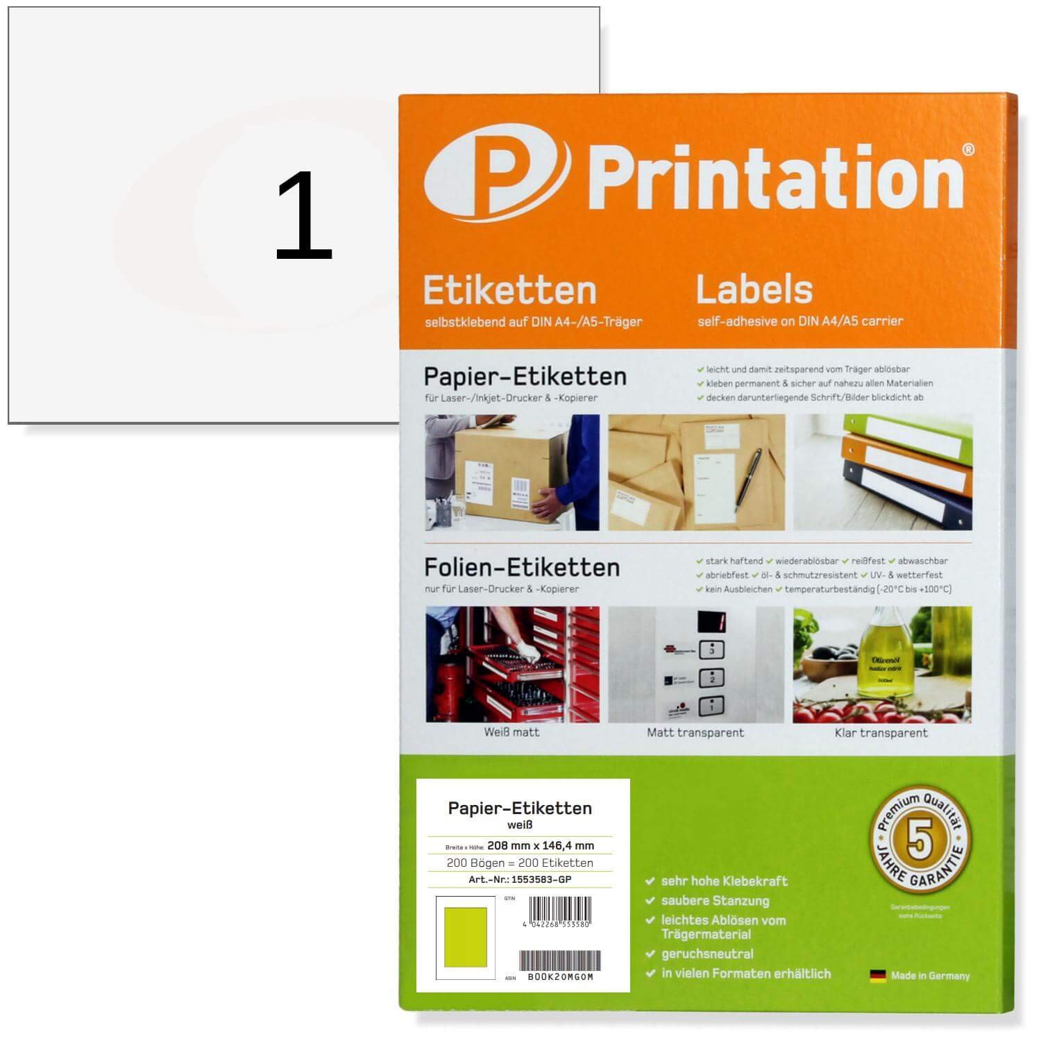 Printation A5 Labels - 200 Self Adhesive Address Labels - 1 Label per A5 Sheet, 200 Sheets, 1x1 - A5 Sticky Labels/Shipping Labels 210x148 mm, White 6135 8690