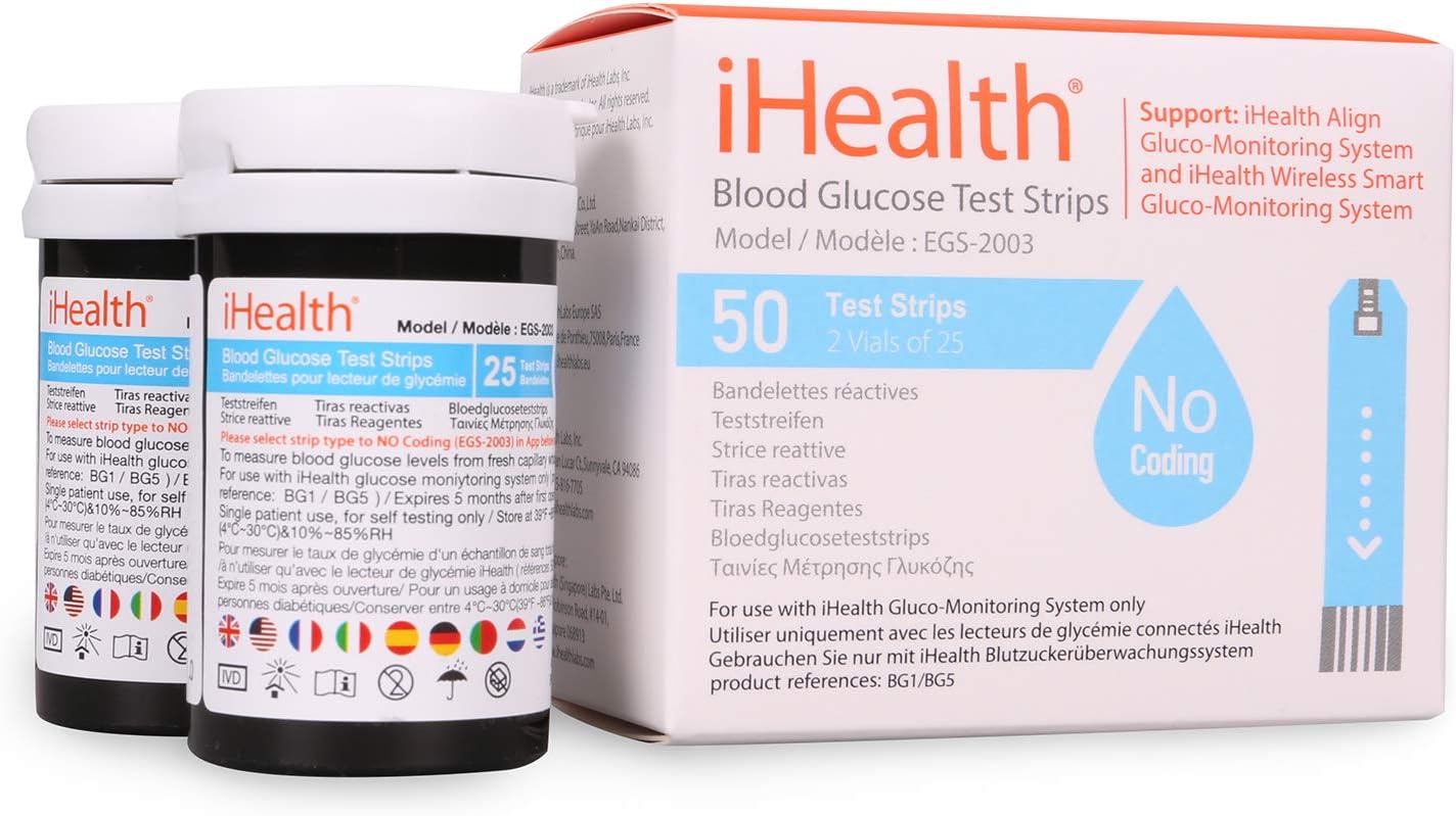 iHealth Blood Glucose Test Strips (50 Count), 2019 Version Blood Sugar Test, Eligible for FSA Reimbursement, Precision Sugar Measurement for Diabetics, Strips Work Only in iHealth Glucose Meters: Health & Personal Care