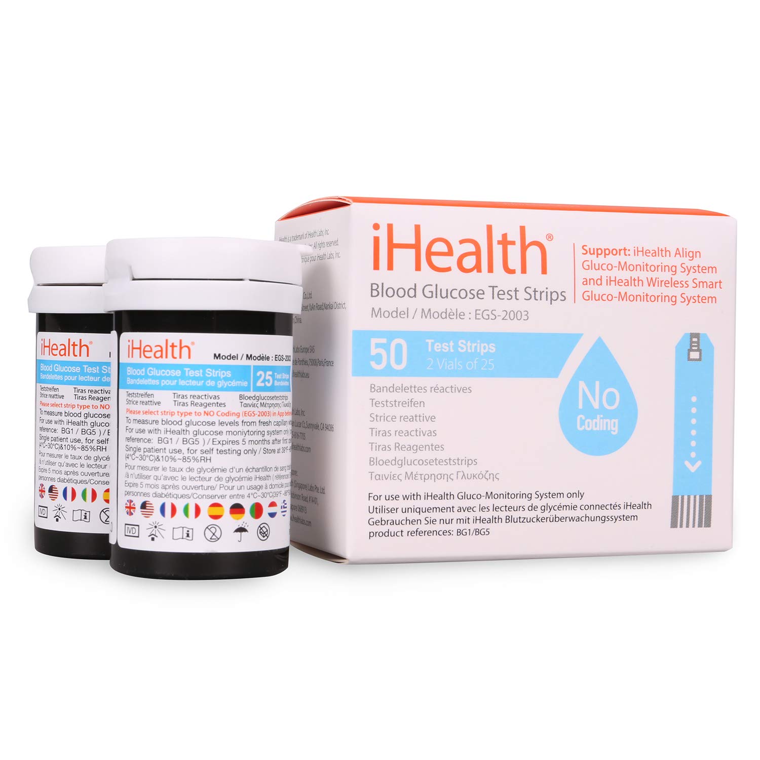 iHealth Blood Glucose Test Strips (50 Count), No Coding Blood Sugar