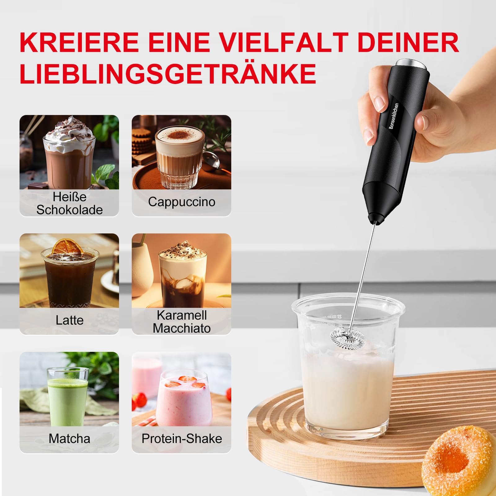 Bonsenkitchen Elektrische Milchaufschäumer, Handheld Milchschäumer Stab für Kaffee, Geschenkschaumbereiter für Kaffeeliebhaber, Latte Macchiato, Cappuccino, batteriebetrieben, Kaffeemixstab-Schwarz 4