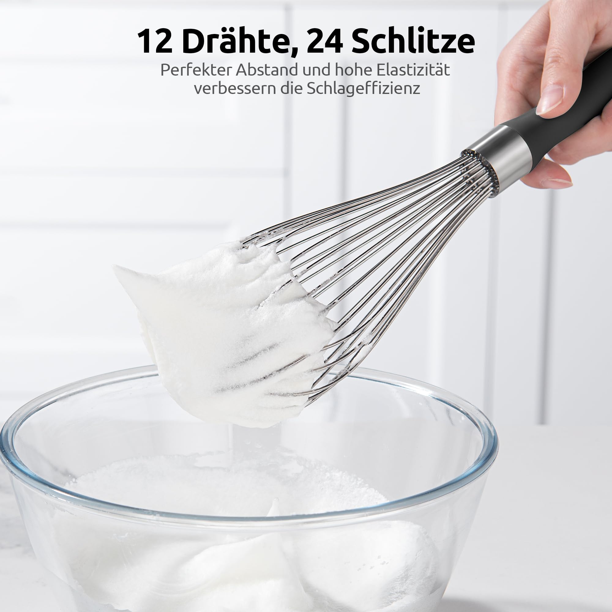 U-Taste Küchen-Schneebesen: 30 cm großer Ballonschneebesen aus Edelstahl 18/10 mit 12 hochflexiblen Drähten und Silikongriff zum Schlagen Vermengen und Verrühren von Teig und Soßen (Schwarz) 5