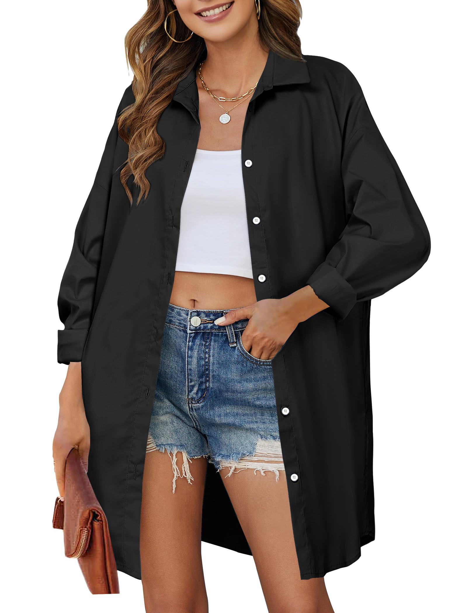 HOTOUCH Black Blouse Long Button Down Shirts for Women Boyfriend ...