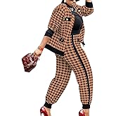 SOMTHRON Women’s Houndstooth Print 2 Piece Outfit Zip Up Long Sleeve Jacket Long Pants Set Work Suits Tracksuit