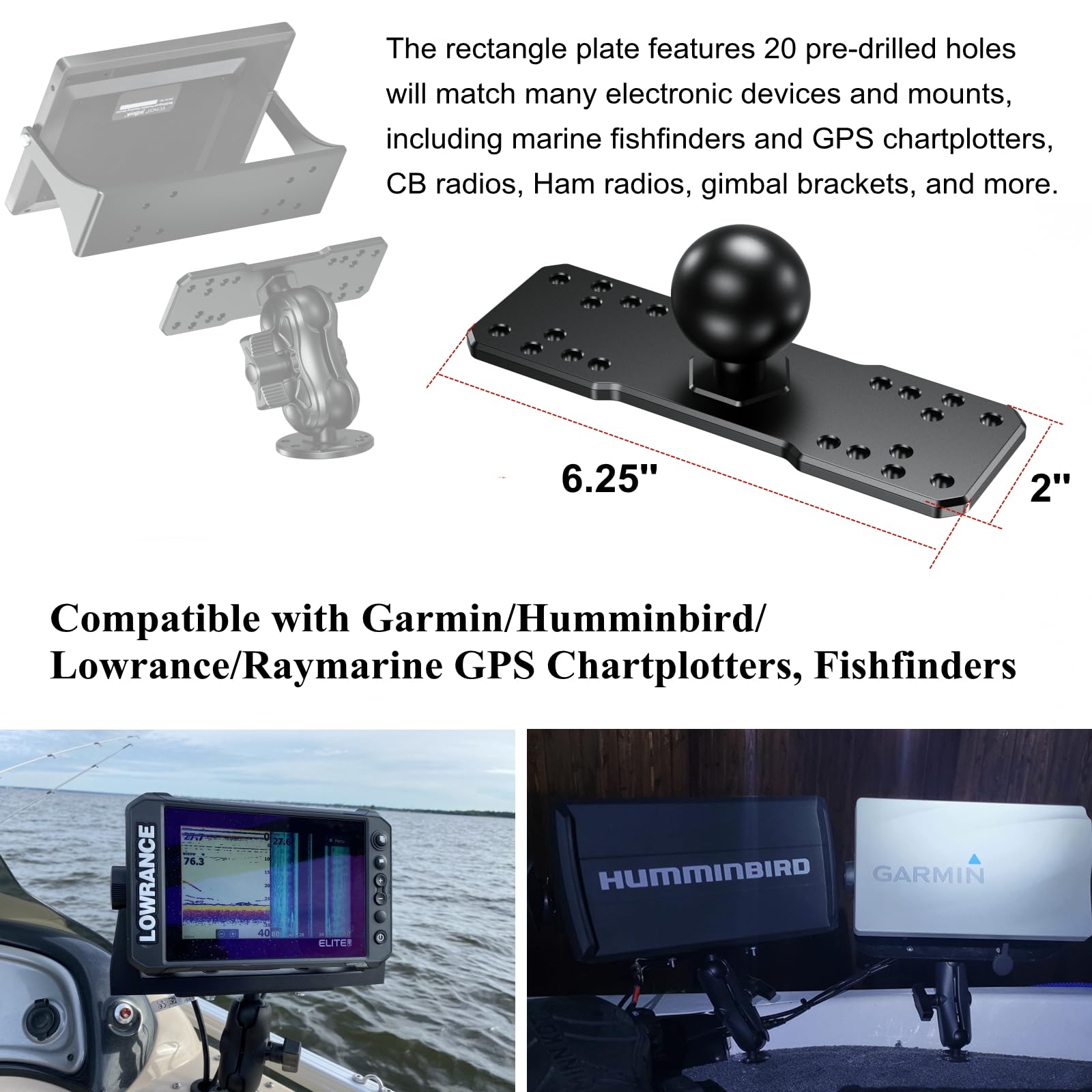 BRCOVAN 1.5'' Ball Fish Finder Mount, Aluminum Alloy Universal Marine Electronic Plate for RAM Mounts C Size 1.5 Inch Ball Double Socket Arm, Fit for Garmin, Lowrance, Humminbird, Raymarine and More