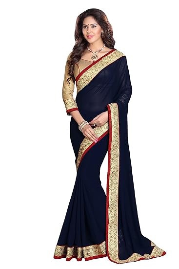 Sarees Womens Popular Zari Border Work Faux Georgette Saree with Unstitched Blouse Piece