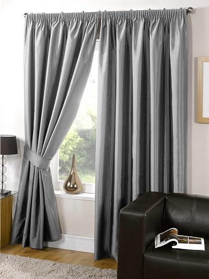 Faux Silk Curtains Fully Lined Plain Silver Grey Curtains Pencil