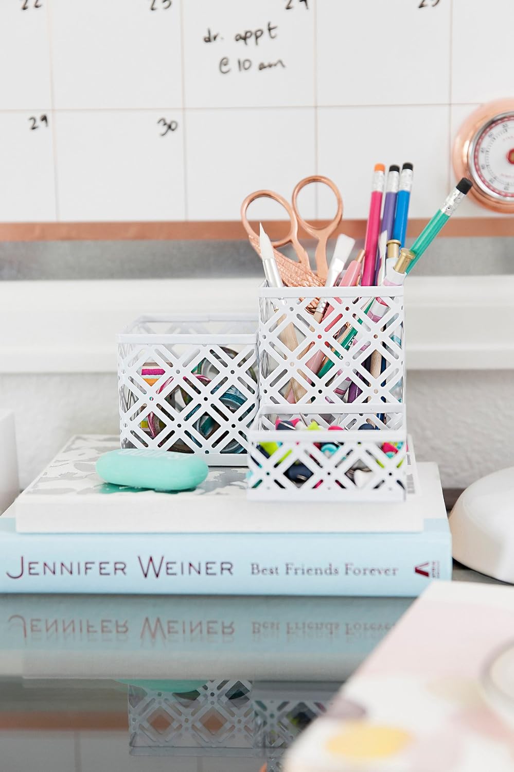 Blu Monaco White Desk Organizer - 5 Piece Interlocking Desk Accessories Set - Paper - Document Tray, Pen Cup, 3 Assorted Accessory Trays : Office Products