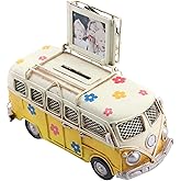 NAUTIMALL Vintage-Style Miniature Hippie Camper Van Model Tropical Theme Flower Decals 6.5inches Beach Bus Home Decor Gift for Boys Kids Hippie Van Ornament (Yellow (Money Bank))