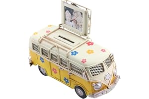 NAUTIMALL Vintage-Style Miniature Hippie Camper Van Model Tropical Theme Flower Decals 6.5inches Beach Bus Home Decor Gift for Boys Kids Hippie Van Ornament (Yellow (Money Bank))