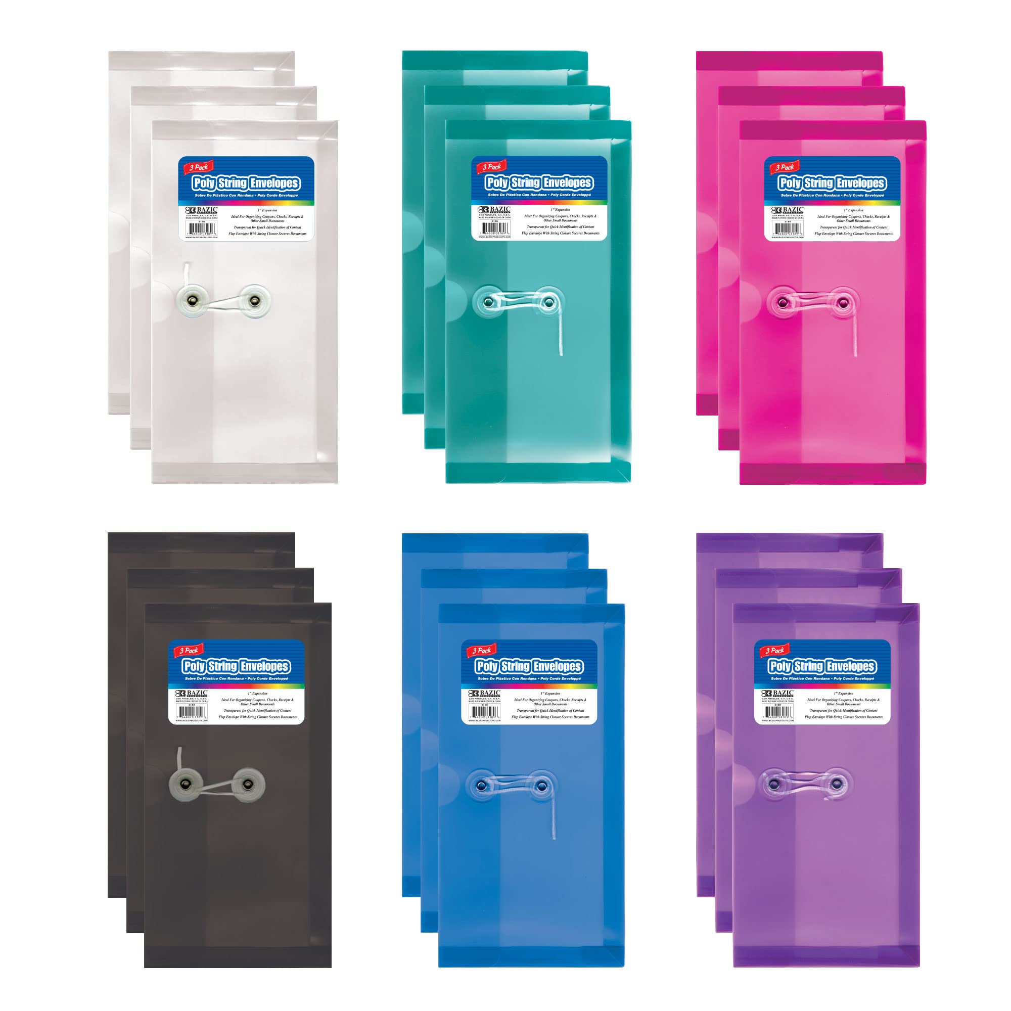Photo 1 of BAZIC Plastic Envelope Poly Envelopes, Coupon Size Folder, Check File Folders for Bills Receipts, String Closure, Home Office Supplies, 1 Unit, Random Color