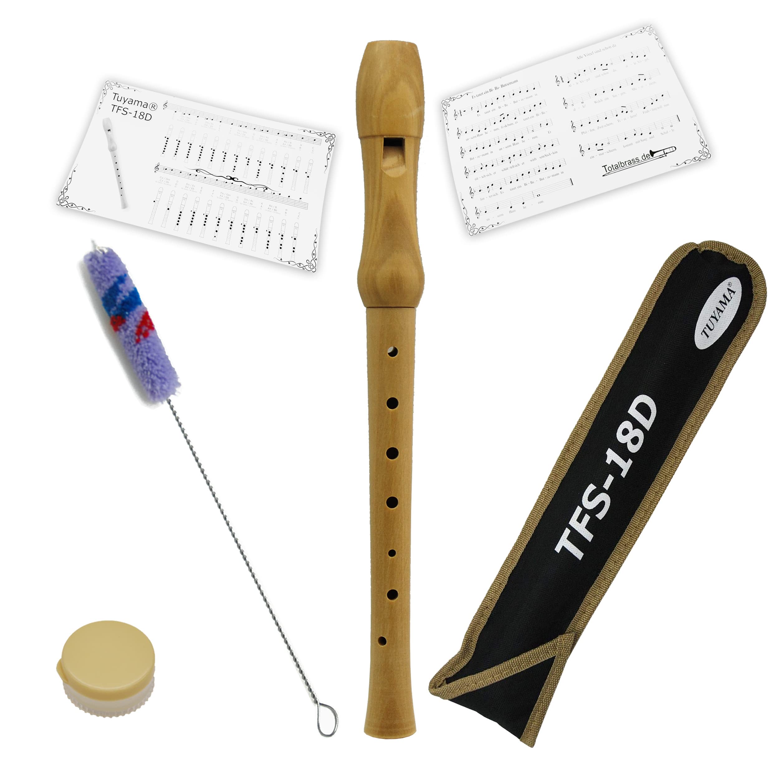 Tuyama® TFS-18D Wood Recorder - German fingering + fingering chart and sheet music samples included - Soprano Recorder Flute