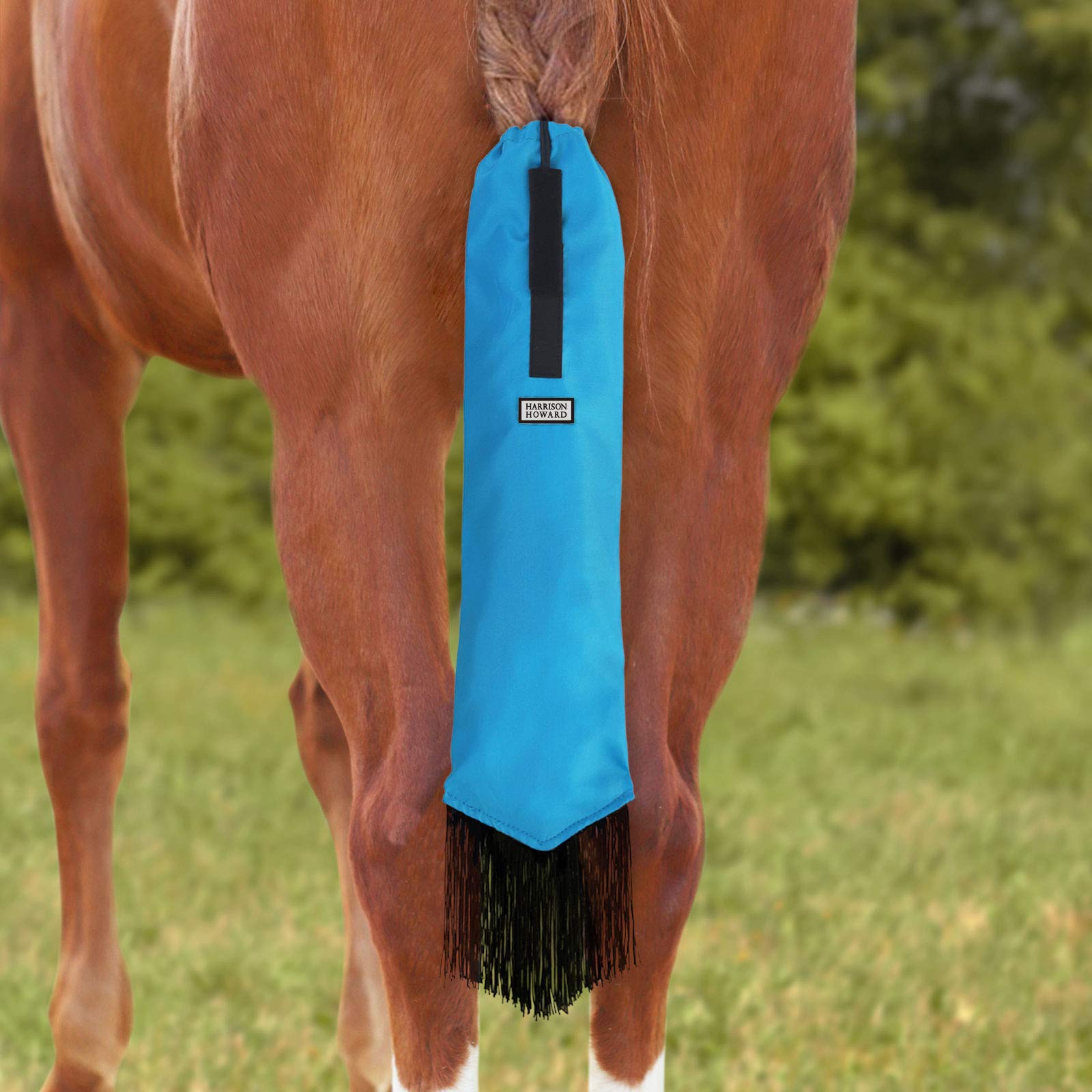 Harrison Howard Smooth Lightweight Adjustable Fastener Durable Nylon Horse Tail Bag with Fringe-Azure Blue